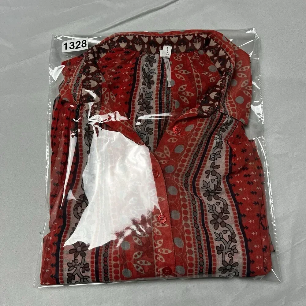 Free People Red Hobo Midnight‎ Mile Size S Button Hi Lo Hem Sheer Tunic Shirt